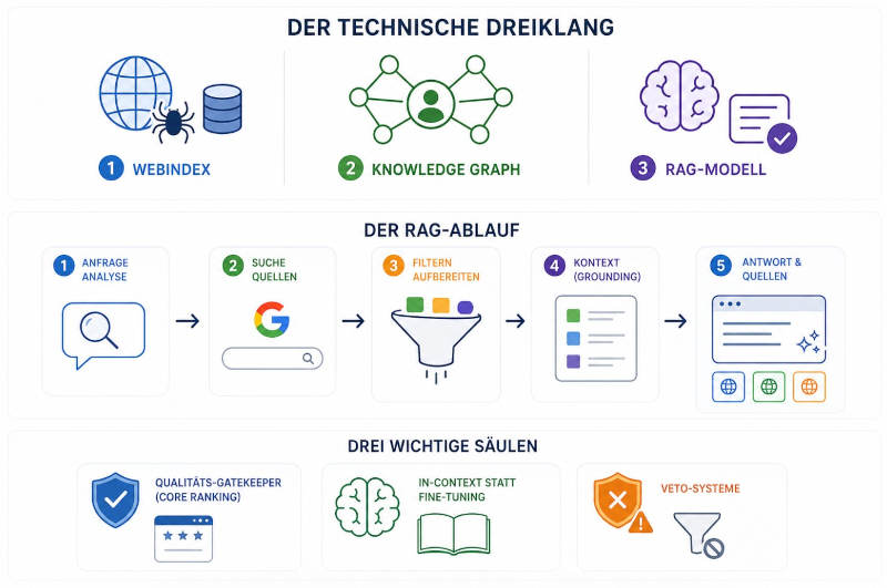 Technischer Dreiklang hinter den AI-Overviews von Google Infografik: Technischer Dreiklang hinter den AI-Overviews und Rag-System von Google
