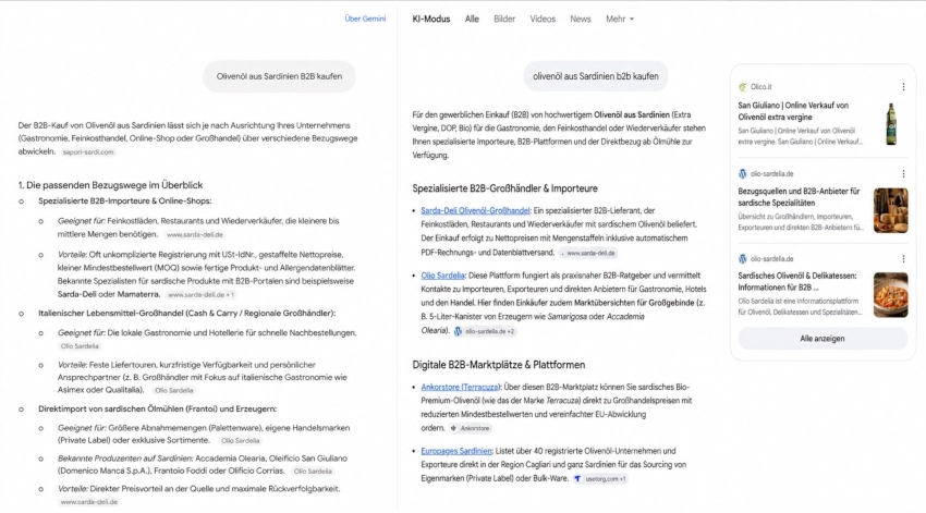 Sardisches Olivenöl B2B kaufen: Screenshot aus Google und Gemini